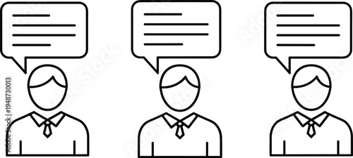 Three people icons with speech bubbles containing horizontal lines representing text communication