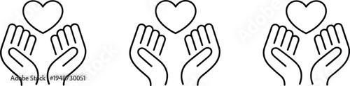 Three identical line art icons of hands holding a heart on white background symbol love
