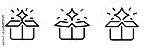 Three identical line art icons of an open gift box with sparkling stars on white background symbol present
