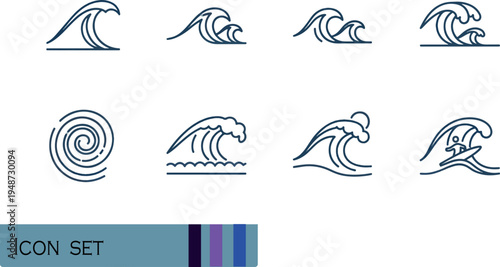 Print Minimalist Ocean Wave and Sea Swell Icon Set Featuring Blue Water Ripples Surfing Tides and Marine Nature Elements for Summer Coastal Design