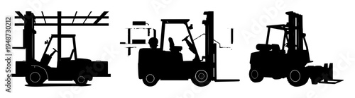 Forklift set with black silhouette, industrial warehouse theme, bold solid fill featuring forklift, forklift silhouette, industrial equipment with warehouse and background