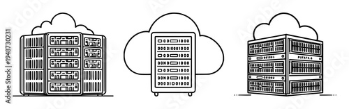 High-capacity data server rack UI icon set with isolated white background and clean line design featuring cloud infrastructure symbol, 