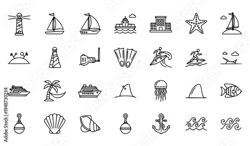 Thin line nautical and beach icon set with lighthouse boat sail island starfish and sea animals isolated on white background