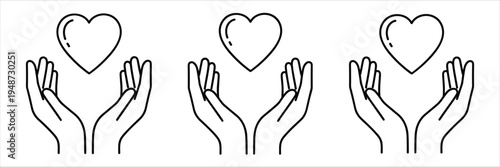 Three Pairs of Hands Cupping Hearts Icon Set love care