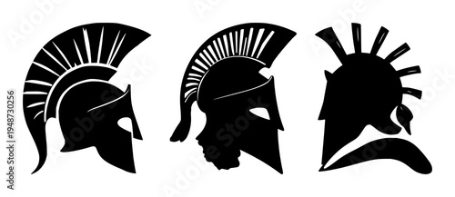Roman centurion helmet set with solid black silhouette design featuring ancient warrior, military history, traditional headwear with sharp crest and white background