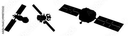 Orbital satellite set with solid black silhouette and solar wings featuring deep-space, space exploration, and technology with an isolated white background