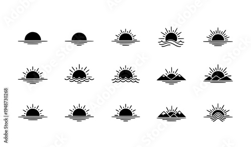 Minimalist sunrise and sunset icon set with orange sun shapes and horizon line variations isolated on white background