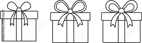 Three Outline Gift Boxes with Bows Festive Celebration Icons present ribbon