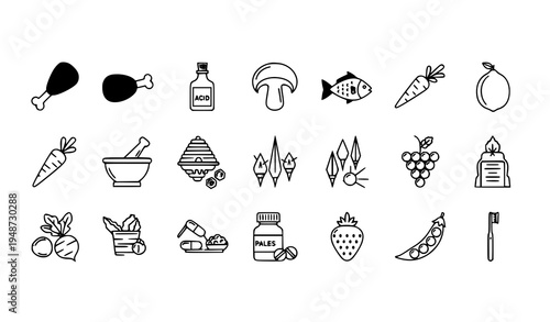 Modern thin line kitchen, health, and food icon set with chicken leg mushroom fish carrot lemon and harvest isolated on white background