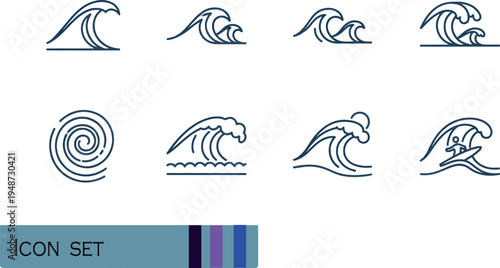 Print Minimalist Ocean Wave and Surfing Icon Set Featuring Swell Curves Whirlpool Ripples and Marine Nature Elements for Summer Sport and Coastal Design