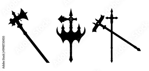 Medieval mace set with solid black silhouette and high contrast featuring sharp spikes, historical weaponry, ancient arms with war equipment and battle instruments