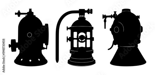 Vintage deep-sea diving bell set with solid black silhouette on white background featuring underwater exploration, maritime, nautical with historical and industrial design