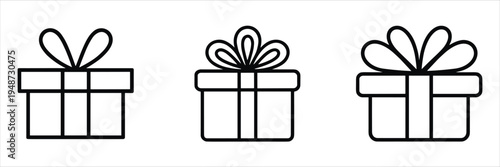 Three simple line art gift boxes with bows on a white background present ribbon