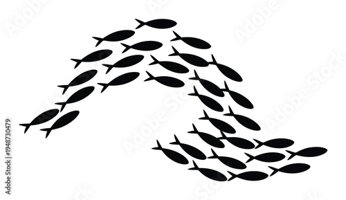 A school of black fish swimming in a swirling pattern against a white background