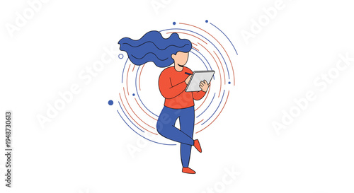 Artist with flowing blue hair uses a digital tablet and pen to create artwork while standing inside a series of circular geometric lines.