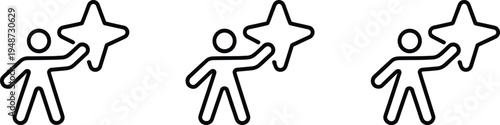 Three identical line art icons of a person reaching for a star on white background symbol human