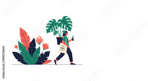 Woman walks confidently while carrying large tropical plants and a floral tote bag through a stylized garden with colorful leaves and blooms.