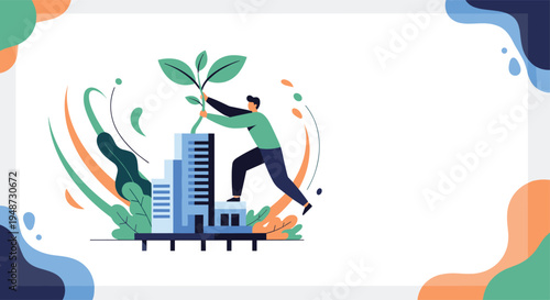 Innovative person climbs up the side of a modern urban building to plant a large green seedling representing sustainable city architecture.