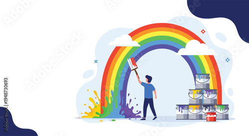 Enthusiastic artist uses a large brush to paint a vibrant multicolored rainbow onto a wall surrounded by stacked paint cans and splashes.