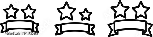 Three sets of star and ribbon icons in different styles on a white background award badge