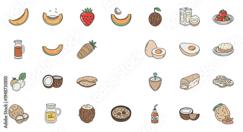 Diverse collection of small hand drawn icons featuring various types of healthy food including fruits, vegetables, eggs, and bottled drinks.