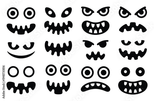 Collection of Black and White Halloween Pumpkin Faces and Expressions