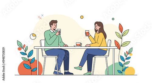 Man and woman sit at a long table enjoying drinks and conversation in a modern cafe setting decorated with colorful stylized plant life.