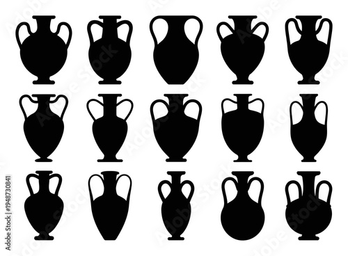 Collection of Black Silhouettes of Ancient Amphorae Vases