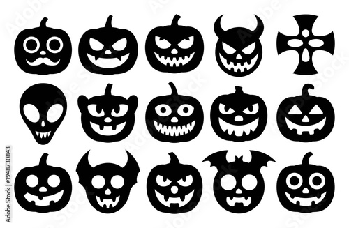 Collection of Black Halloween Pumpkins, Alien, Devil, and Cross