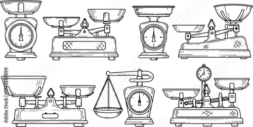 A collection of vintage weighing scales and balances in a detailed illustration Vector