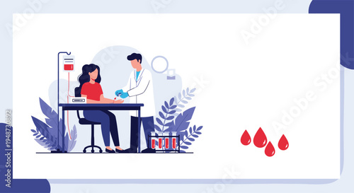 Skilled medical professional in a lab coat performs a blood draw procedure on a female patient in a clinic with red blood drop icons shown.