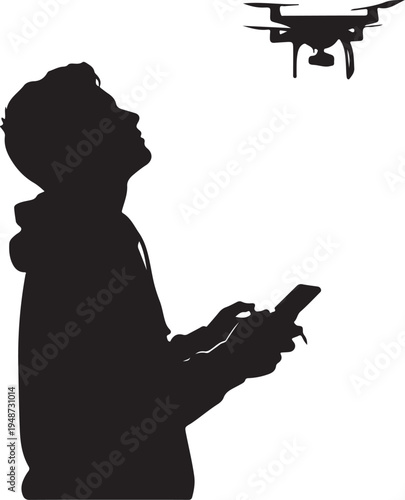 Silhouette of a Young Man Operating a Drone with Remote Control