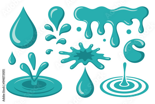 Collection of Teal Water Droplets and Splashes