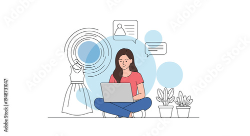 Woman sits comfortably on the floor with a laptop while icons for social media profiles and messaging apps float around her in a blue circle.