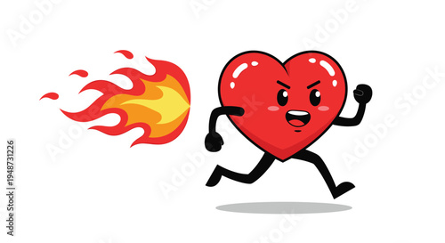 Fast running heart character with a trail of intense orange fire represents passion energy or cardiovascular health in a cartoon illustration.