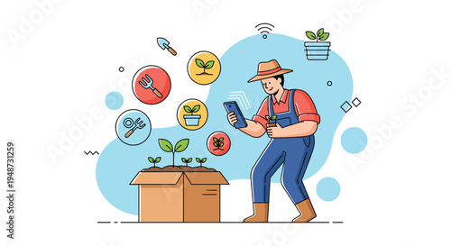 Modern farmer uses a smartphone app to monitor plant growth in a nursery while surrounded by agricultural icons for smart farming solutions.