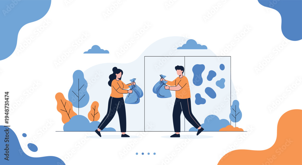 Obraz premium Man and woman work together to carry large blue bags filled with trash or items for donation in an outdoor setting with stylized trees.
