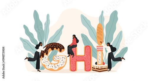 Miniature people decorate giant letters made of delicious desserts like donuts and chocolate cake with colorful toppings in a fun scene.