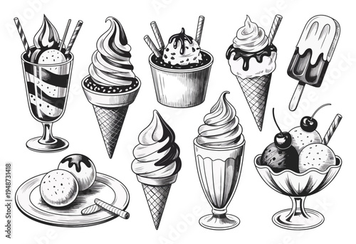 Hand-Drawn Collection of Various Ice Cream Treats