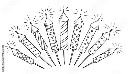 Hand-Drawn Fireworks and Sparklers Fan Out in a Festive Display