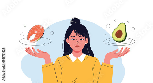Woman presents a piece of raw salmon and a fresh avocado half on her open palms to showcase the benefits of healthy fats in a balanced diet.