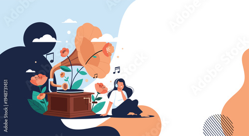 Woman listens to music with headphones while sitting next to an old fashioned gramophone that is growing beautiful flowers instead of sound.
