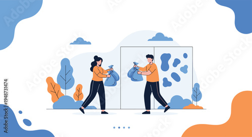 Man and woman work together to carry large blue bags filled with trash or items for donation in an outdoor setting with stylized trees.