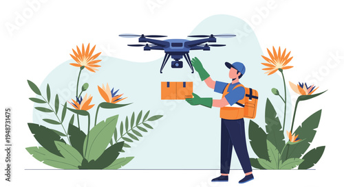 Delivery worker in a blue uniform and orange vest receives a package from an autonomous flying drone in a garden with large tropical flowers.
