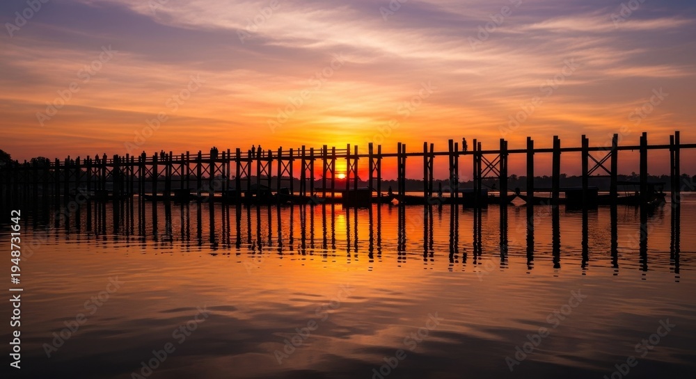 Fototapeta premium U Bein Bridge at Sunset - A Serene Reflection in Myanmar.