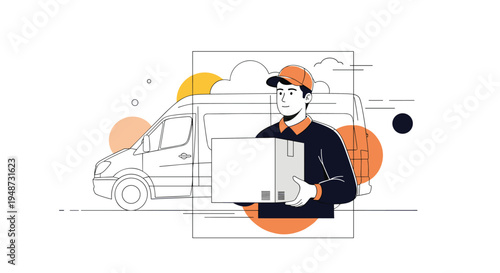 Courier service employee wearing uniform and cap carries large cardboard box for delivery with cargo van in background.