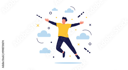 Young man jumps joyfully in the sky surrounded by blue clouds and abstract geometric elements in a flat style illustration.