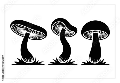 Three Black Silhouette Mushrooms with Gills and Grass on White Background
