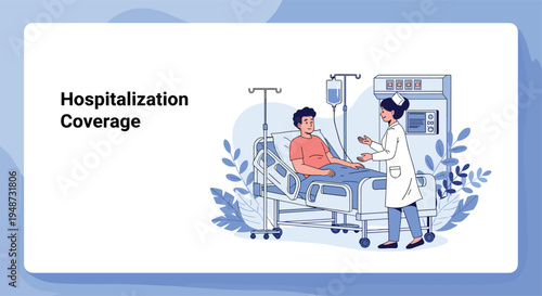 Professional nurse wearing a medical uniform attends to a male patient resting in a hospital bed for insurance coverage concepts.