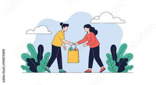 Two young women exchange a yellow shopping bag filled with gifts while standing in a minimalist outdoor landscape with clouds.